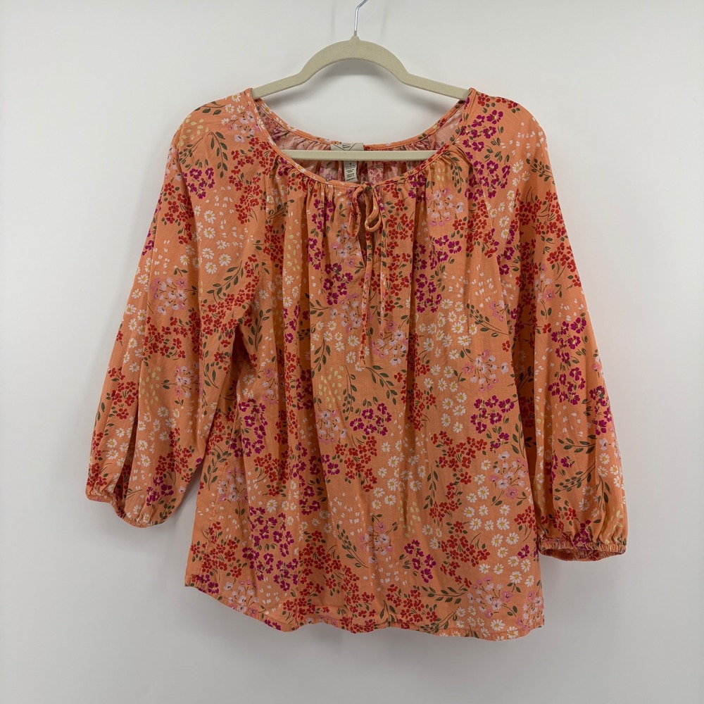 St. Johns Bay‎ Blouse Orange Womens Small Floral 3/4 Sleeve Boho Peasant Top